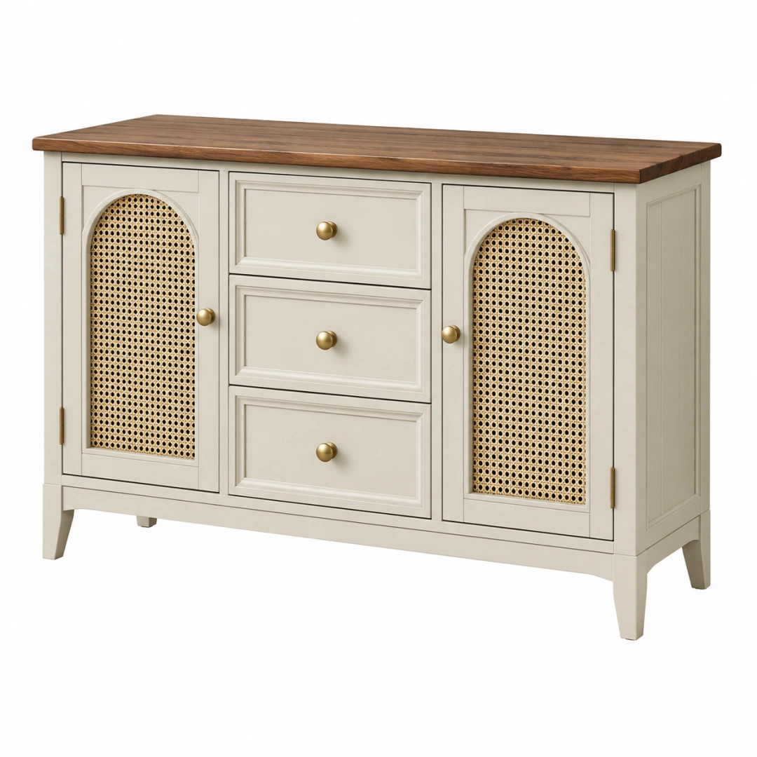 Aparador 140 x 40 x 85 cm de madera beige y nogal con ratán para salón estilo clásico