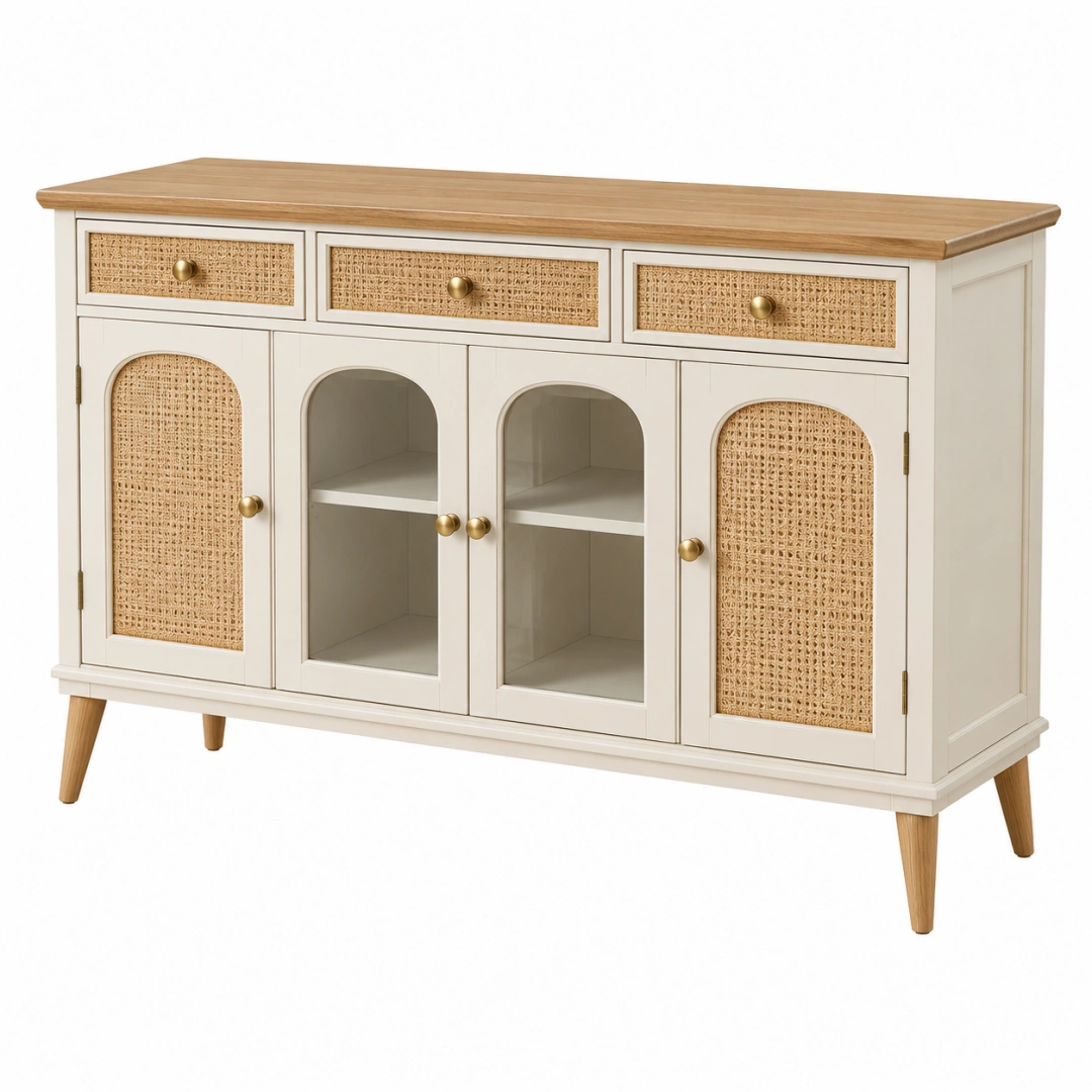 Aparador 160 x 40 x 90 cm de madera beige con ratán y puertas de vidrio - estilo natural