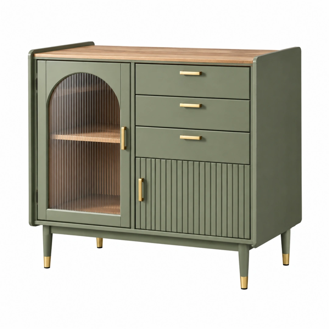 Aparador 100 x 40 x 100 cm de madera verde con puertas de cristal acanalado y cajones