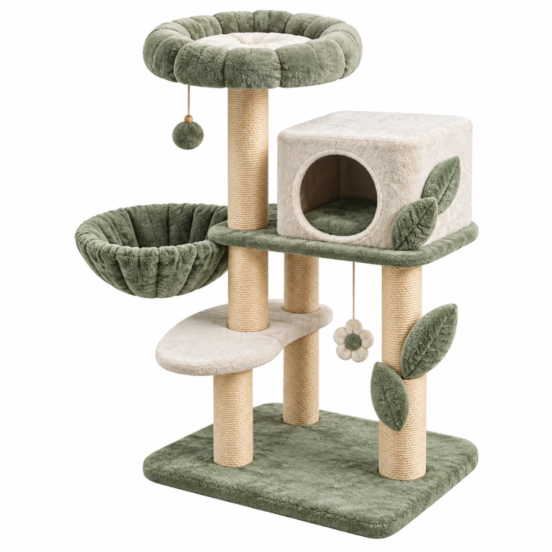 Árbol para gatos 60 x 60 x 150 cm de felpa verde y beige con rascadores de sisal y cueva