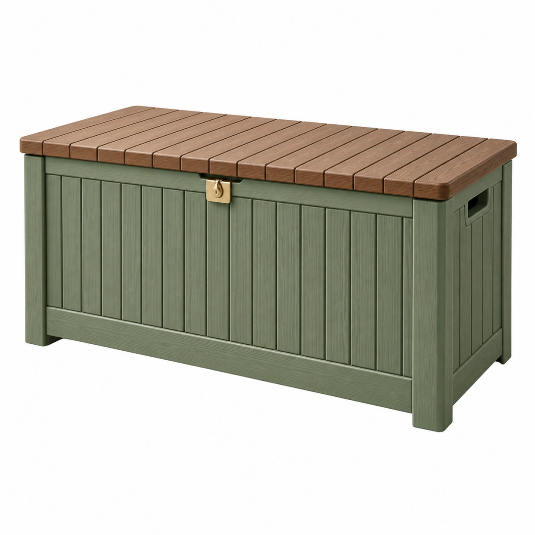 Arcón de exterior 120 x 50 x 55 cm de resina verde y marrón con tapa efecto madera