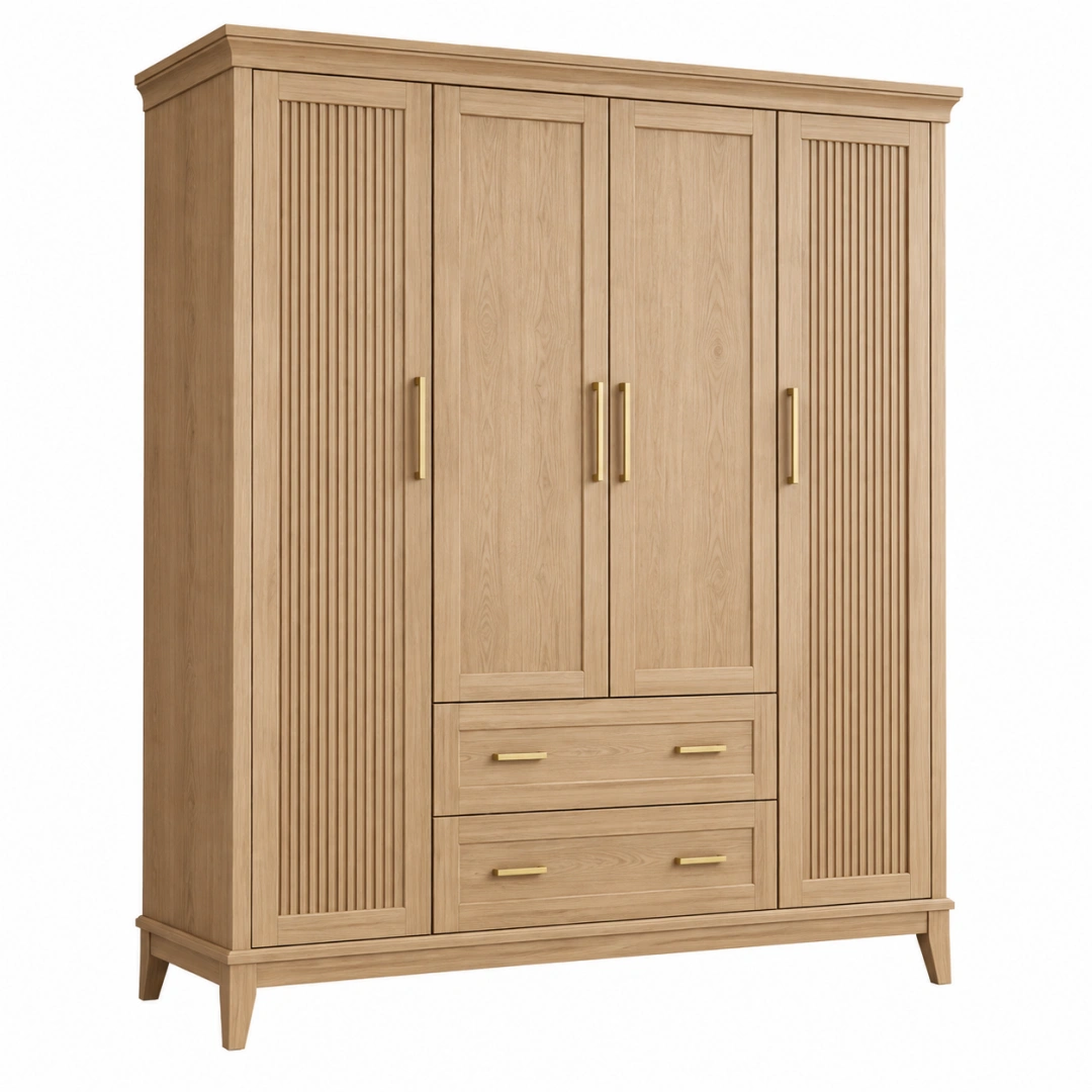 Armario ropero 180 x 60 x 210 cm de madera natural con 4 puertas y 2 cajones estilo contemporáneo