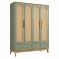 Armario 120 x 55 x 190 cm de madera verde con rejilla trenzada - estilo natural con 4 puertas y cajones