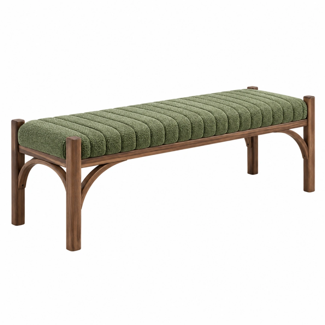 Banco 120 x 40 cm de madera con asiento tapizado verde - estilo contemporáneo