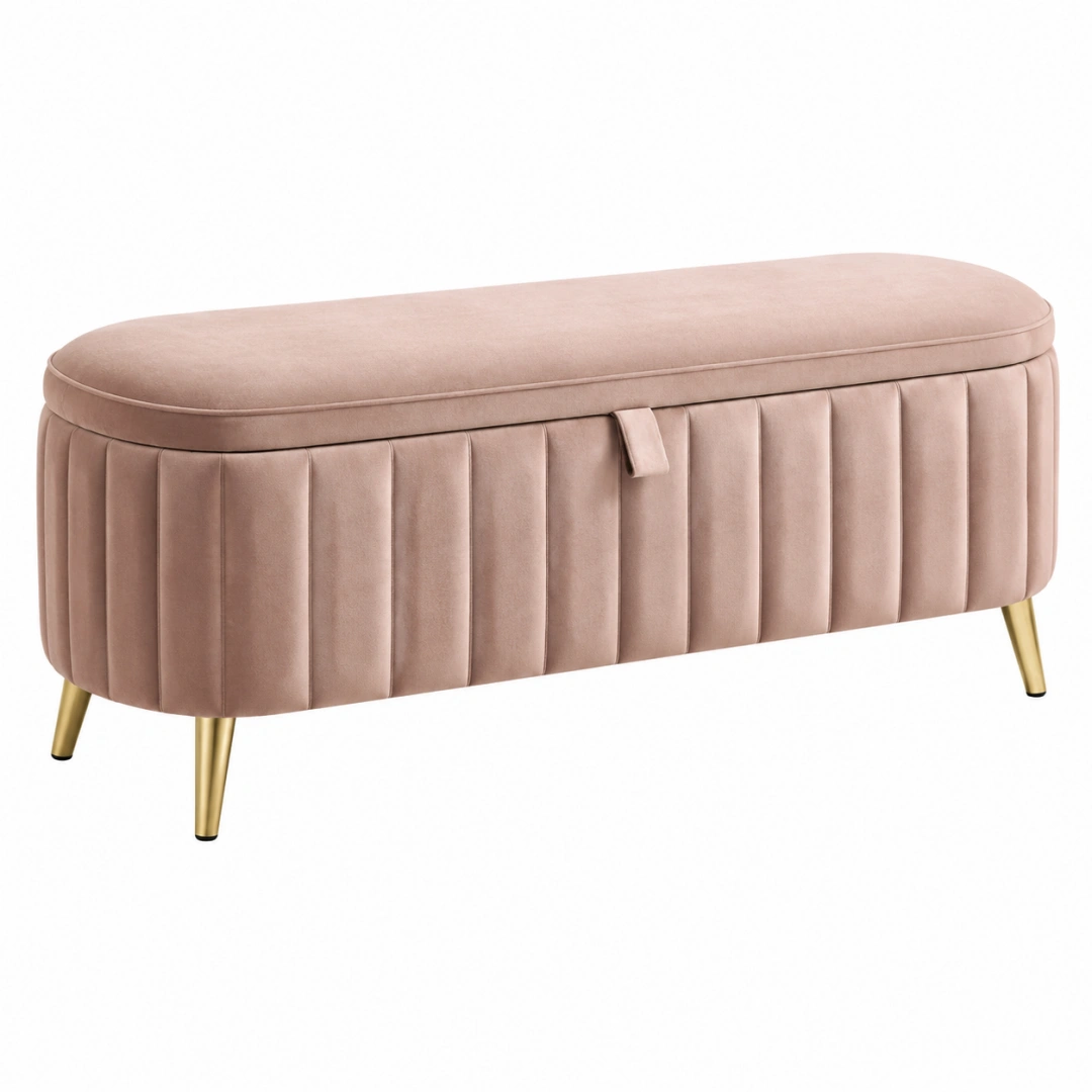 Banco arcón 100 x 40 x 45 cm de terciopelo rosa con patas metálicas doradas estilo glamuroso