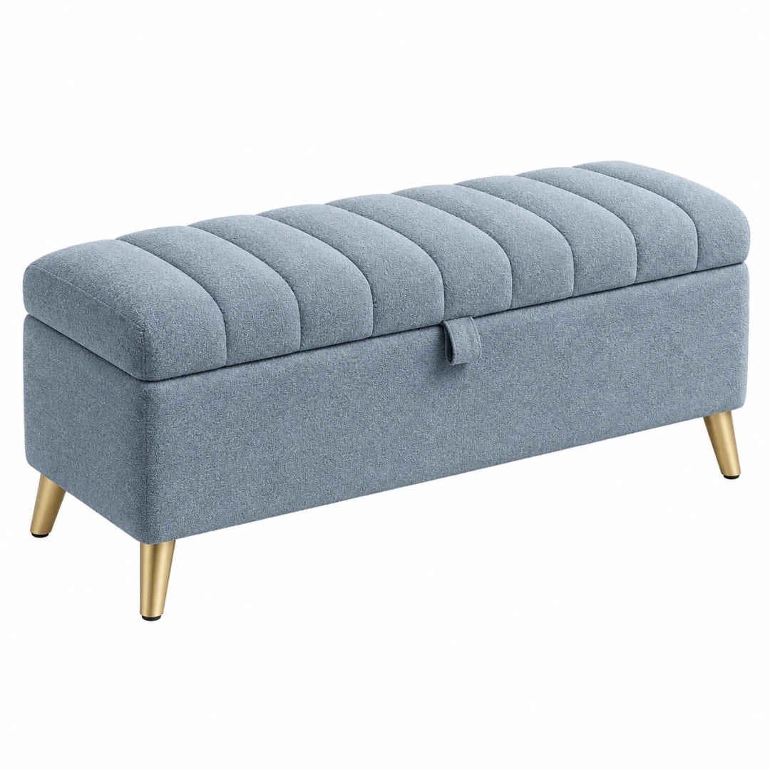 Banco baúl 100 x 40 x 45 cm de tejido azul grisáceo con almacenaje y patas doradas