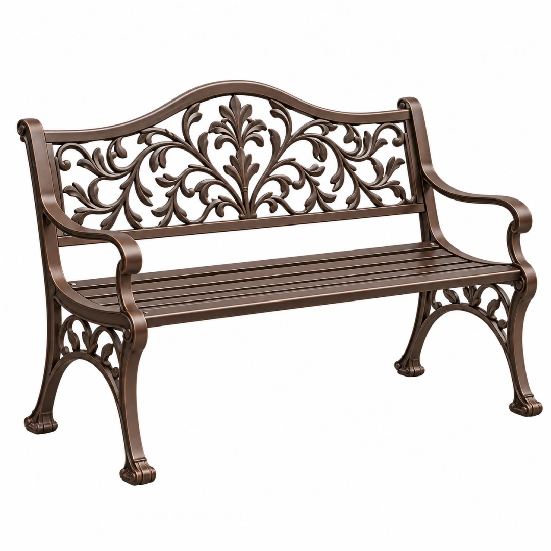 Banco de jardín 120 x 60 x 90 cm de metal bronce con respaldo ornamental