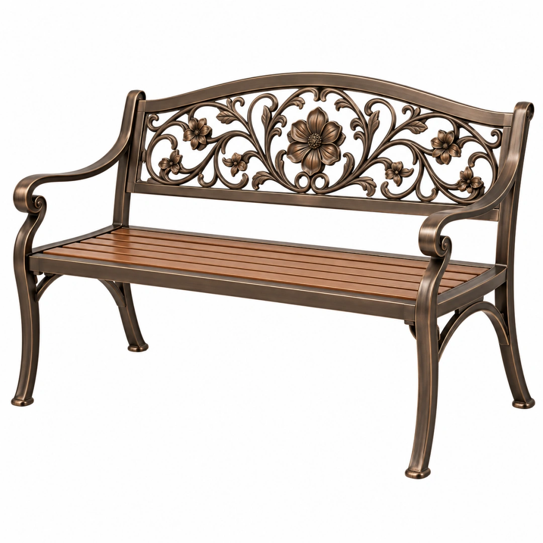 Banco de jardín 120 cm de metal bronce con respaldo floral clásico
