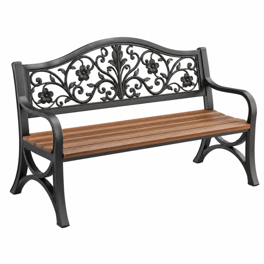 Banco de jardín 122 x 61 x 89 cm de metal y madera marrón negro estilo clásico para exterior