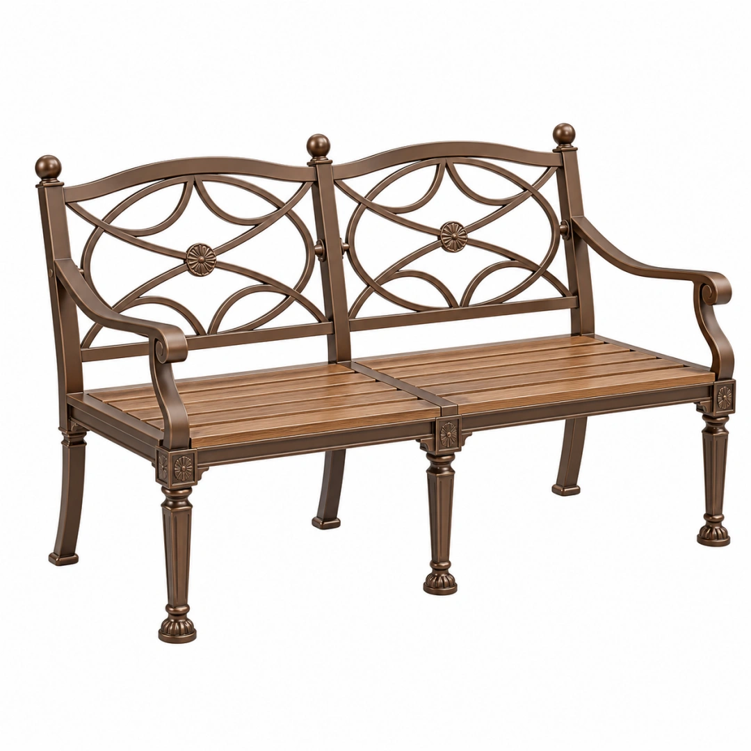 Banco de jardín 123 x 61 x 99 cm de metal marrón con respaldo ornamental para exterior