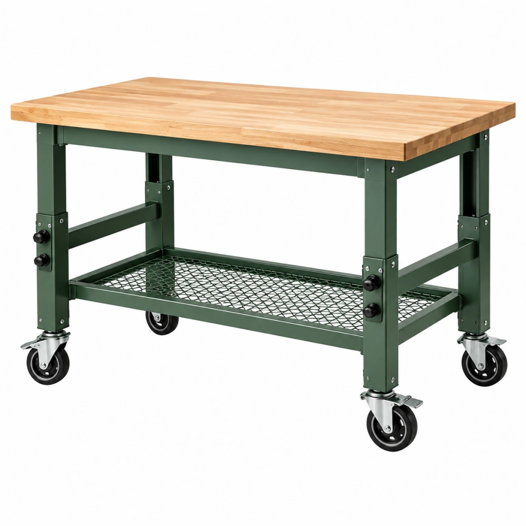 Banco de trabajo móvil 122 x 61 x 91 cm de madera y acero verde con estante inferior