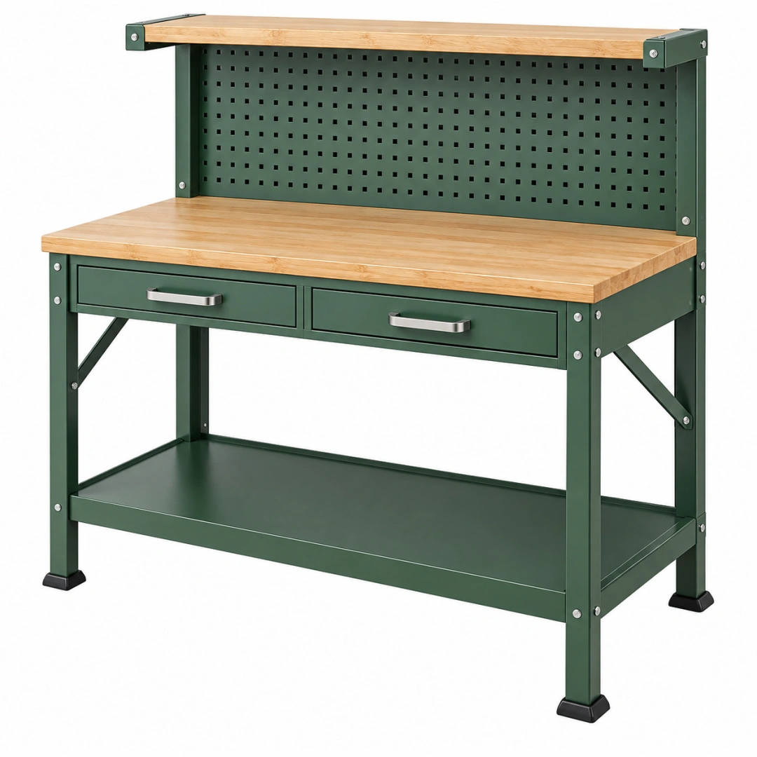 Banco de trabajo 120 x 60 x 155 cm de acero y madera verde con panel perforado y cajones