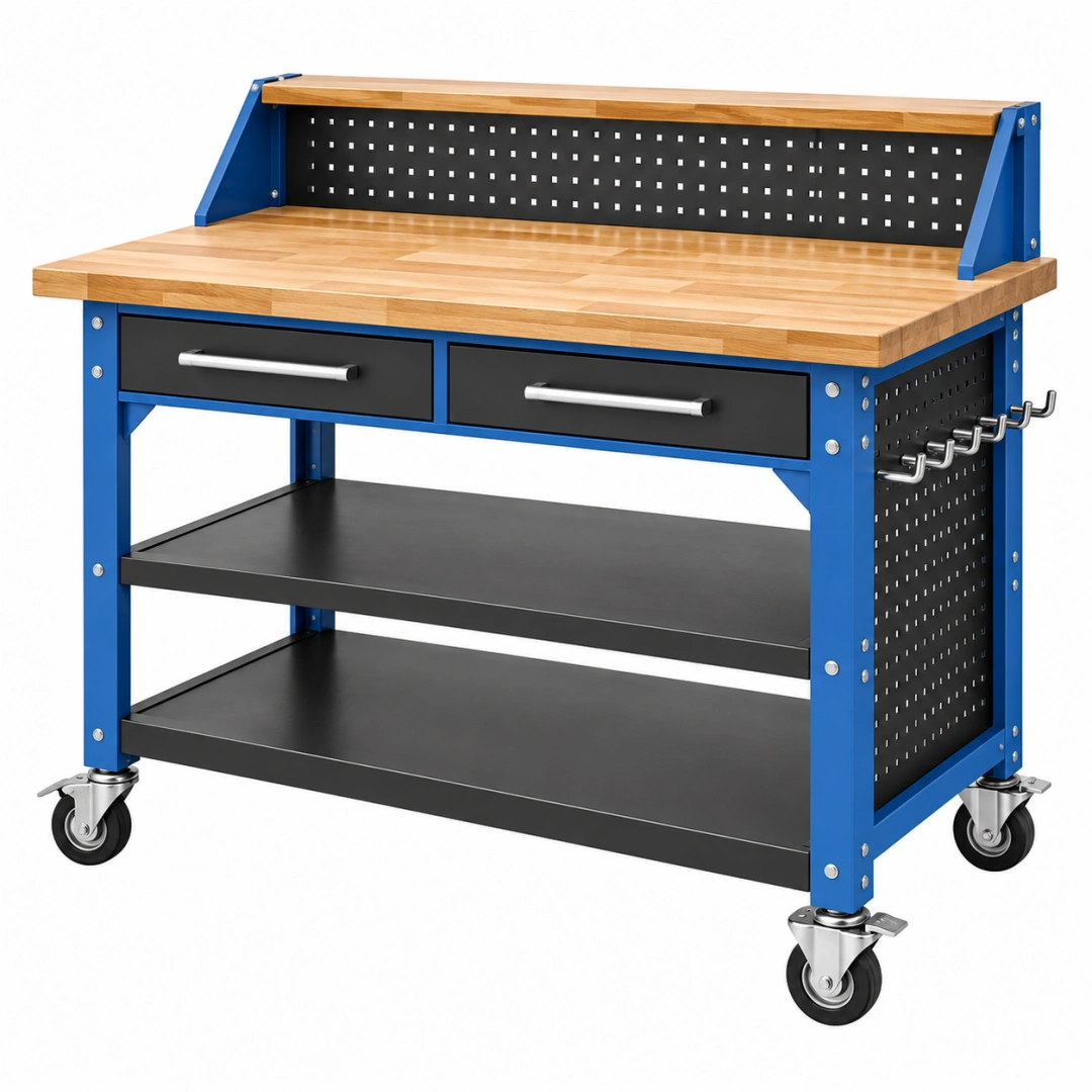 Banco de trabajo 120 cm de acero y madera azul con cajones ruedas y panel perforado
