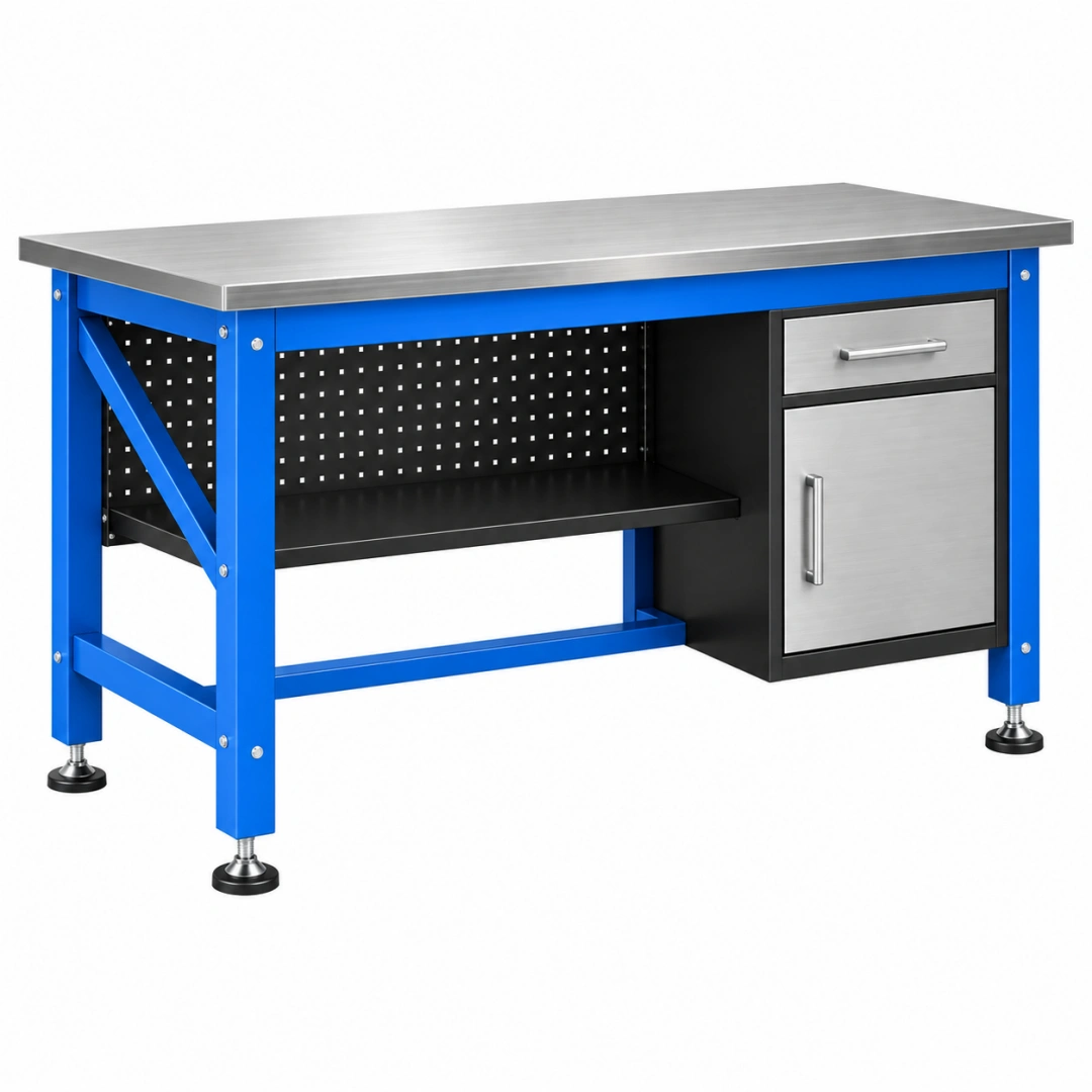 Banco de trabajo 120 x 60 x 85 cm de acero azul y plateado con cajón armario y panel perforado