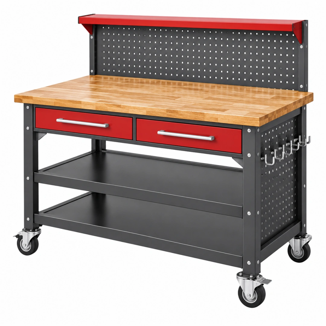 Banco de trabajo móvil 120 x 60 x 150 cm de acero y madera rojo negro con panel perforado y cajones
